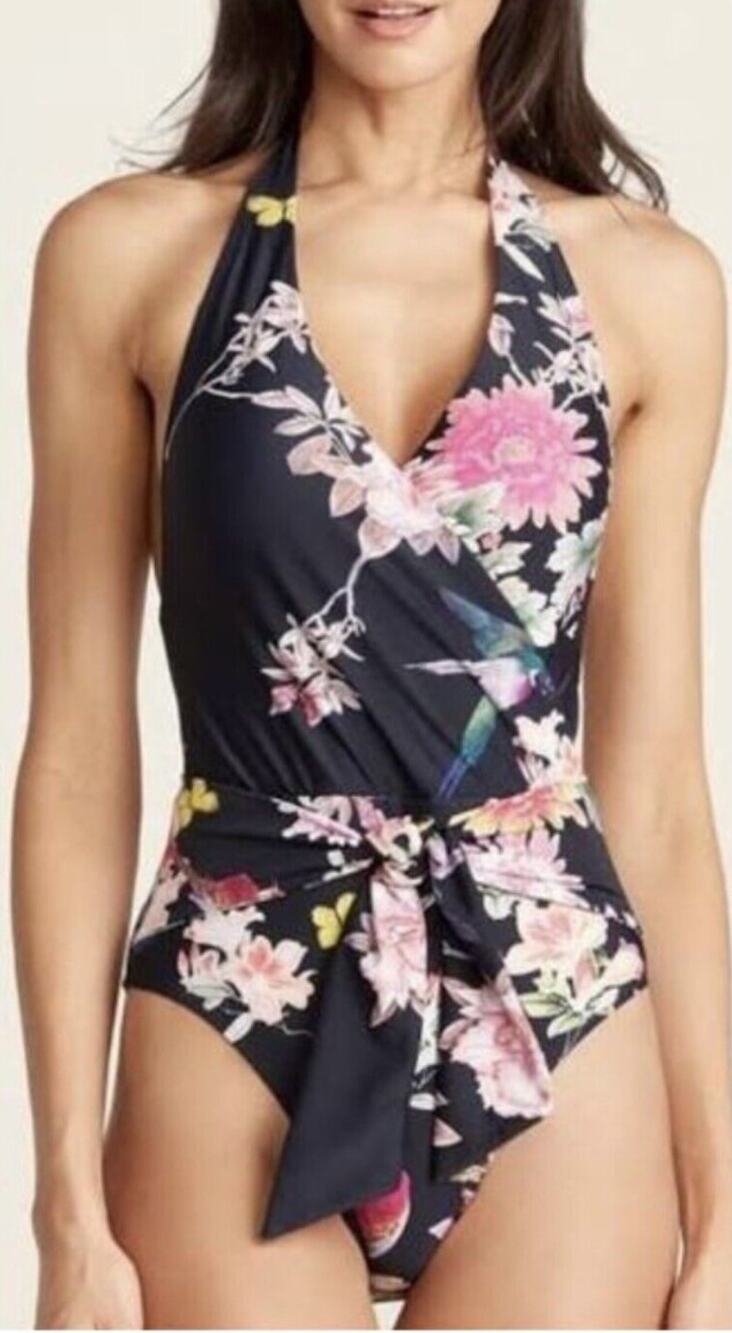 RACHEL Rachel Roy Sash Wrap Blue Pink Floral One Piece Swimsuit Halter sz. L